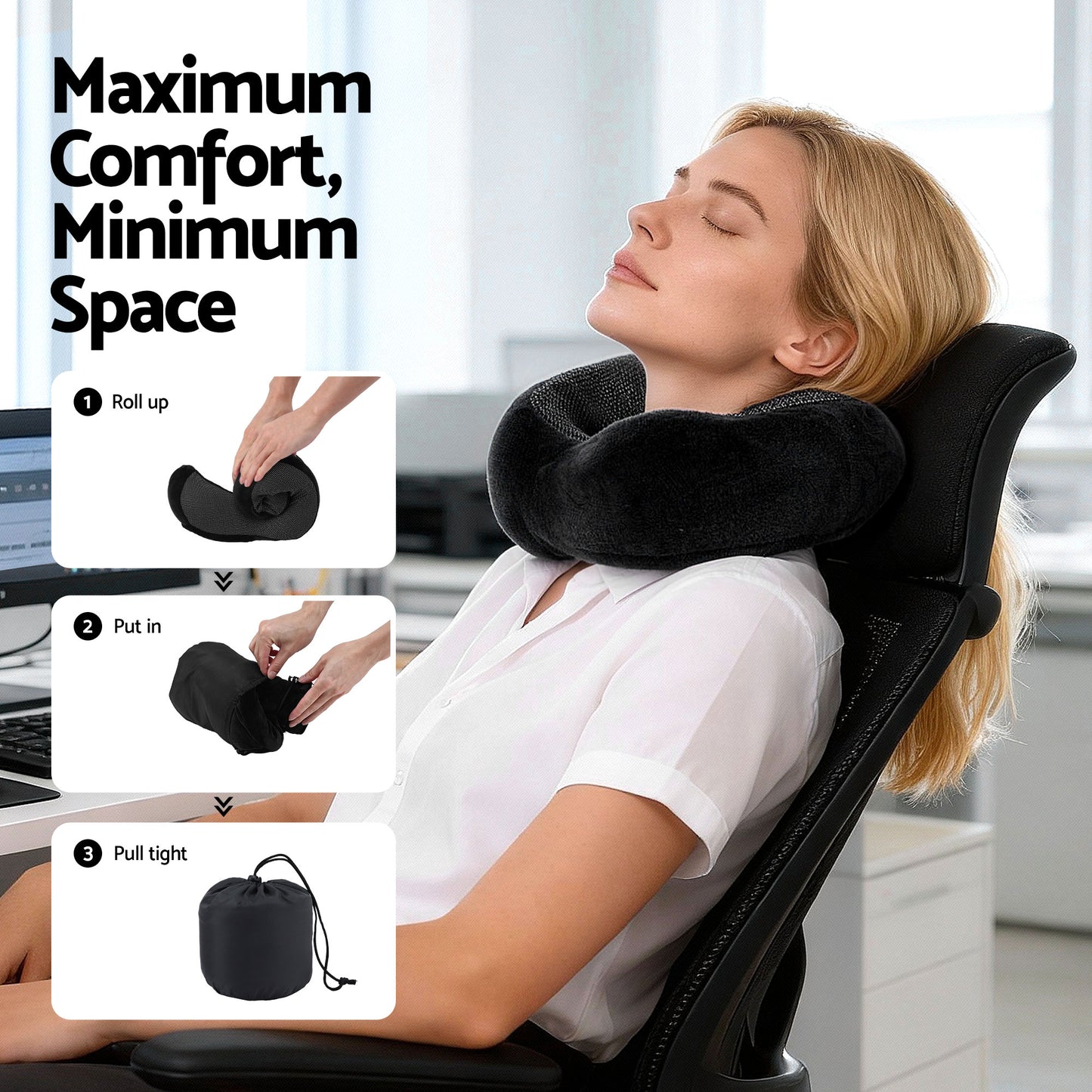 Travel Pillow Soft & Washable Cover with Storage Bag - Black