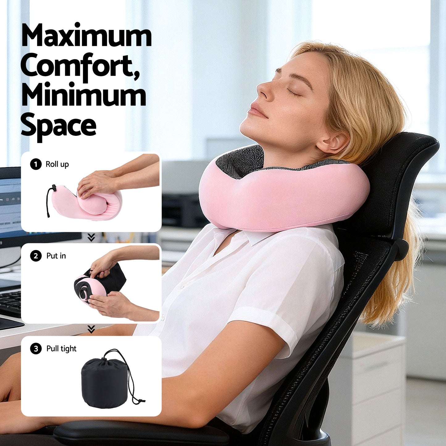 Travel Pillow Soft & Washable Cover with Storage Bag - Pink