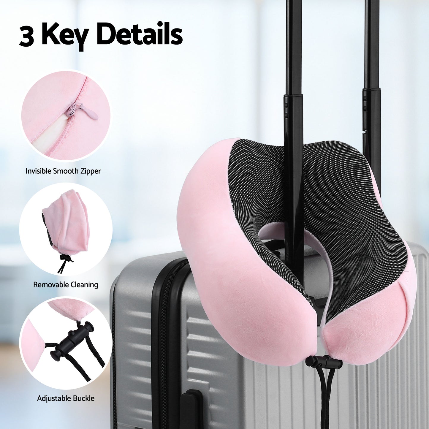 Travel Pillow Soft & Washable Cover with Storage Bag - Pink