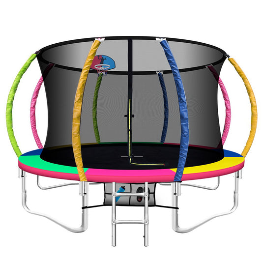 12ft Trampoline Round Trampolines With Basketball Hoop Kids Present Gift Enclosure Safety Net Pad Outdoor Multi-coloured