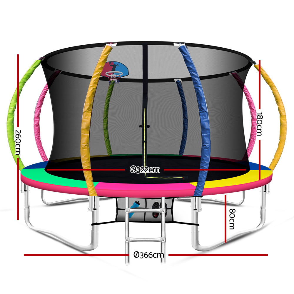 12ft Trampoline Round Trampolines With Basketball Hoop Kids Present Gift Enclosure Safety Net Pad Outdoor Multi-coloured