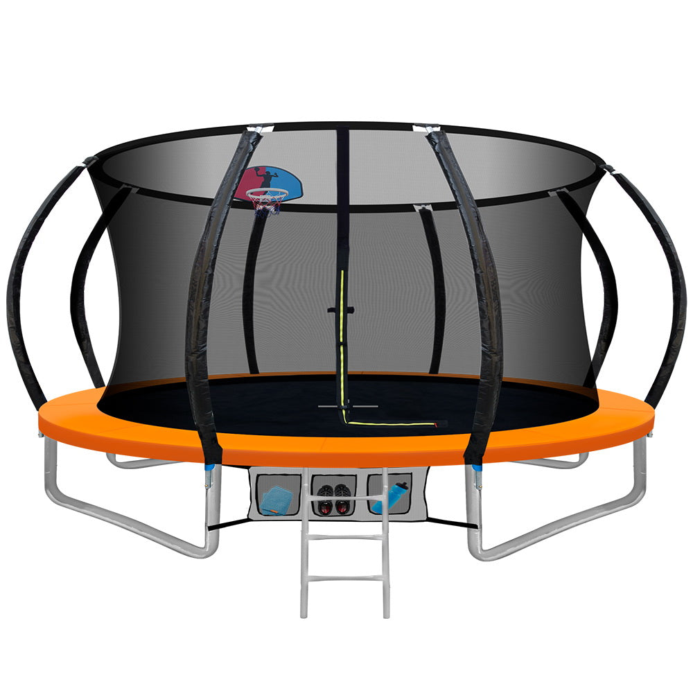 12FT Trampoline Round Trampolines With Basketball Hoop Kids Present Gift Enclosure Safety Net Pad Outdoor Orange