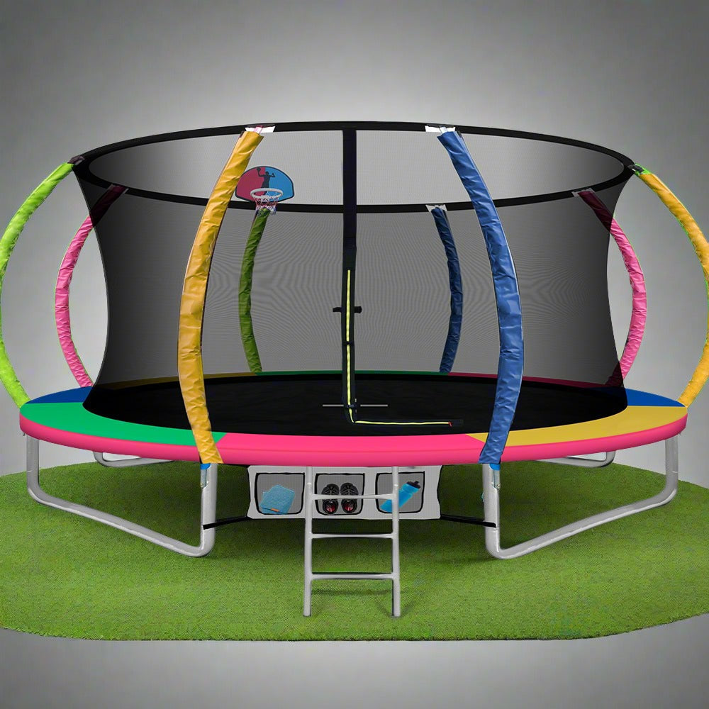 14ft Trampoline Round Trampolines With Basketball Hoop Kids Present Gift Enclosure Safety Net Pad Outdoor Multi-coloured