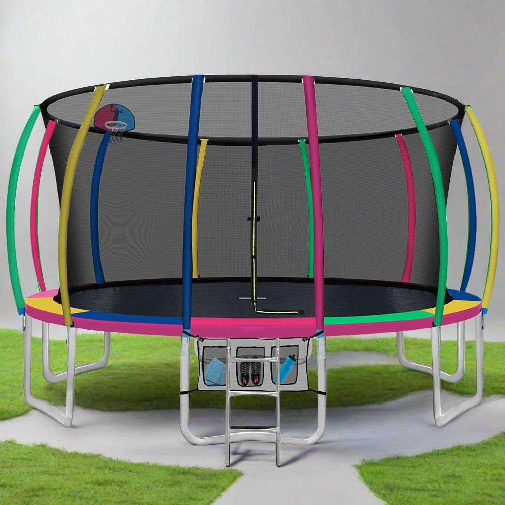 16ft Trampoline Round Trampolines With Basketball Hoop Kids Present Gift Enclosure Safety Net Pad Outdoor Multi-coloured