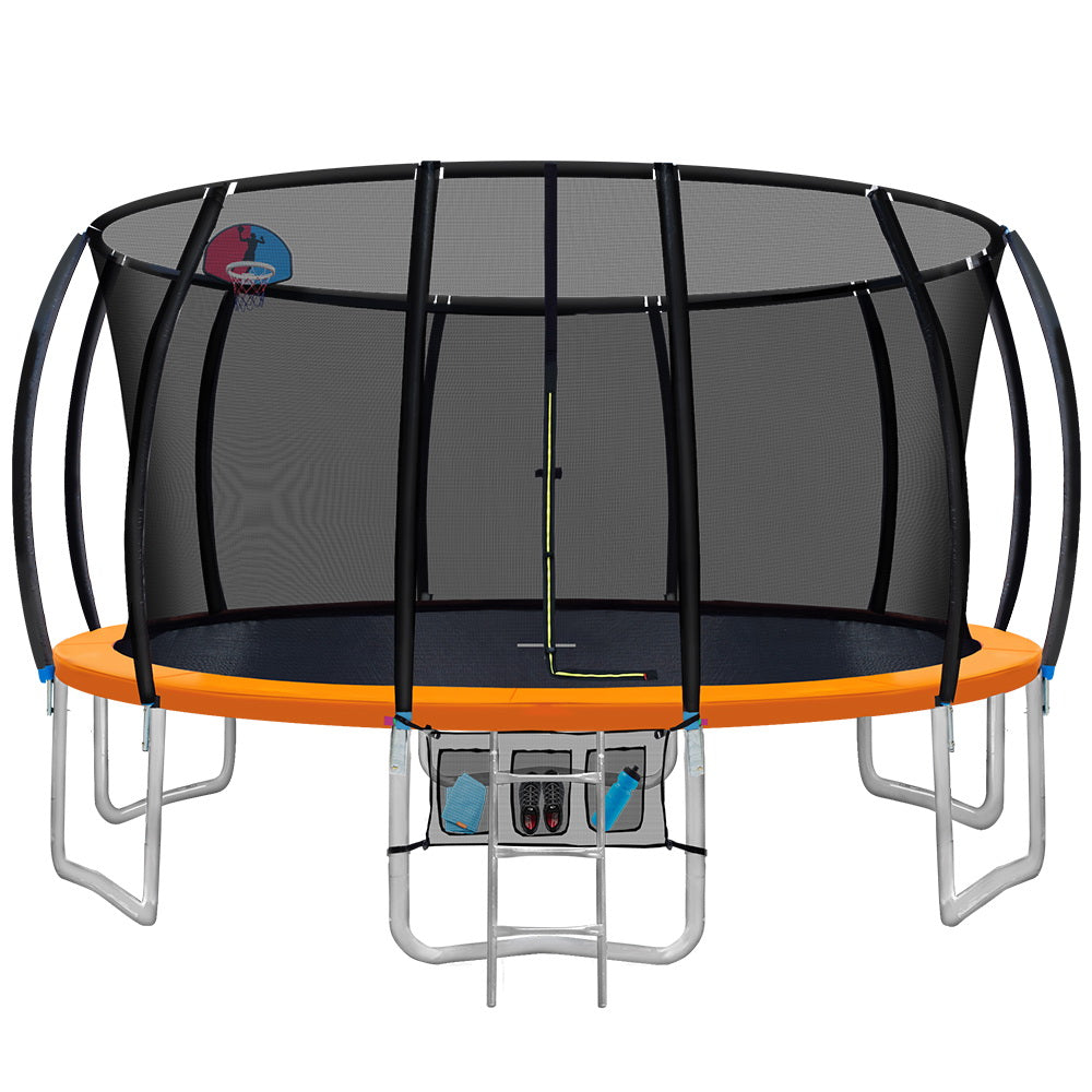 16ft Trampoline Round Trampolines With Basketball Hoop Kids Present Gift Enclosure Safety Net Pad Outdoor Orange