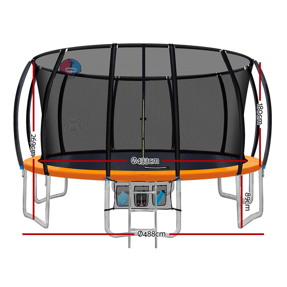 16ft Trampoline Round Trampolines With Basketball Hoop Kids Present Gift Enclosure Safety Net Pad Outdoor Orange