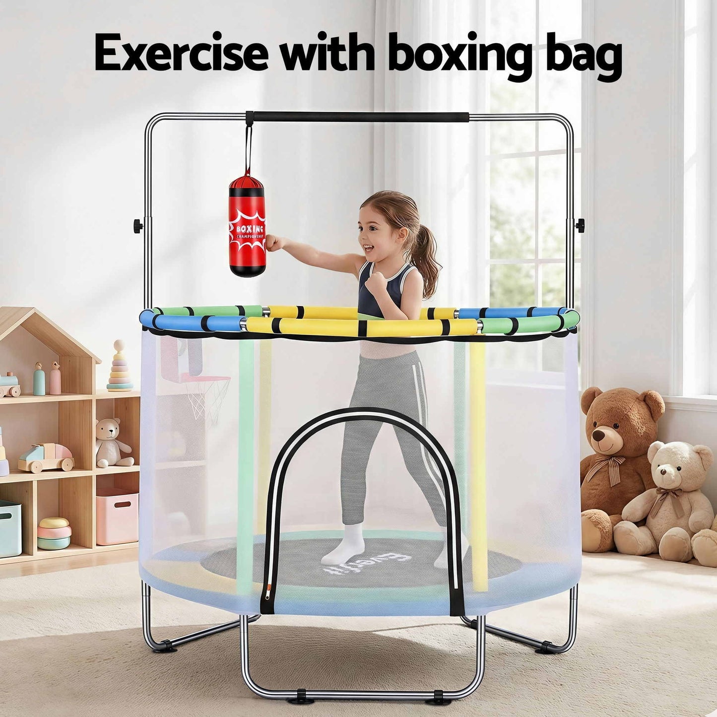 Everfit 55inch Trampoline Kids Rebounder with Basketball Set Sandbag Boxing Game