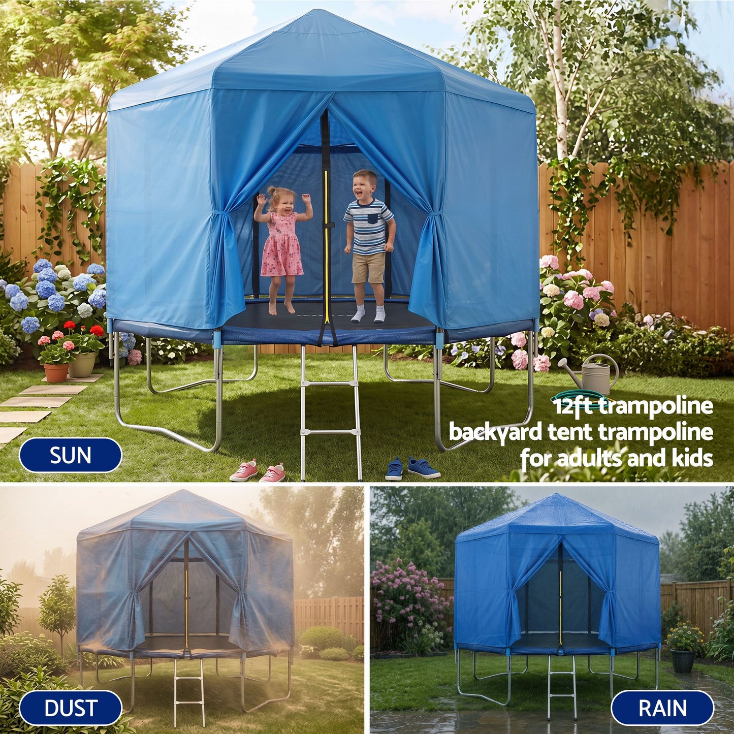 Everfit 12FT Kids Trampoline with Blue Tent Cover Ladder Rebounder Outdoor Toys