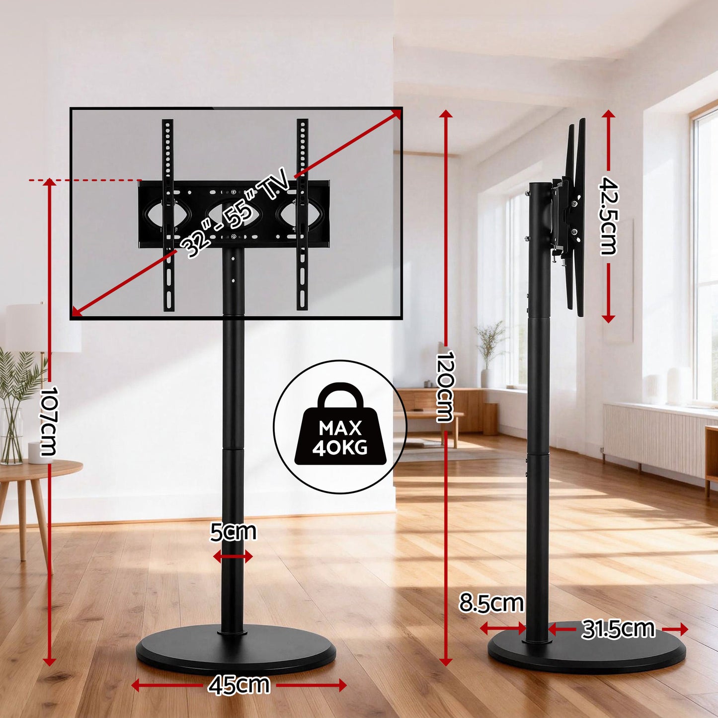 32-55 Inch Mobile TV Stand with Wheels Height & Tilt Adjustable Floor Mount
