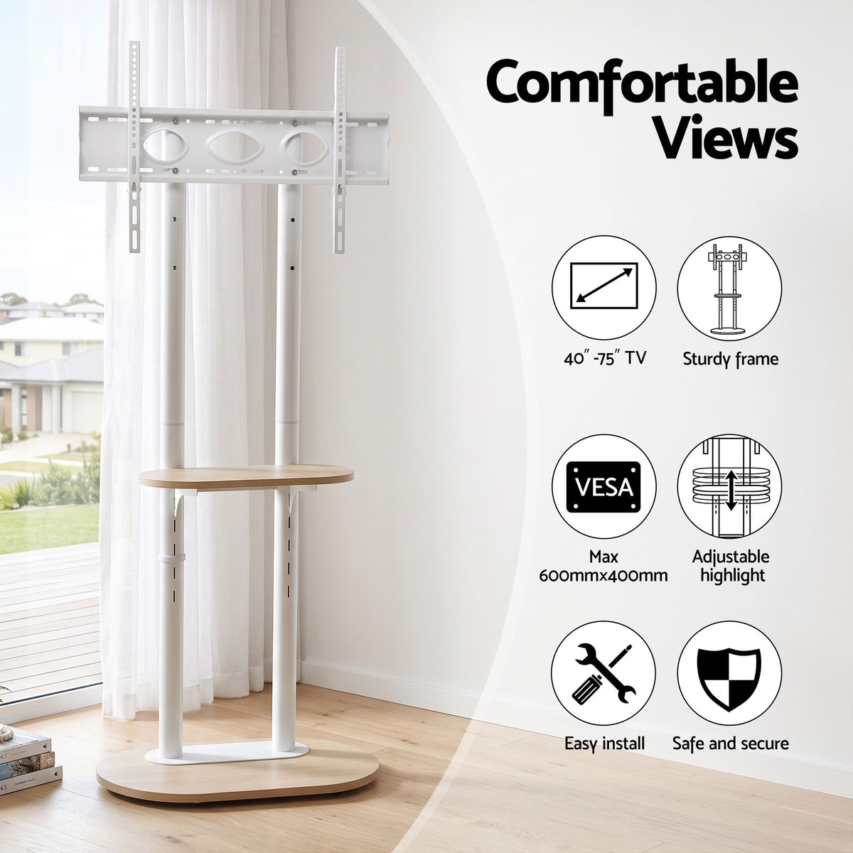 Mobile TV Floor Stand 40-75" Bracket Universal Adjustable Shelves Wheels