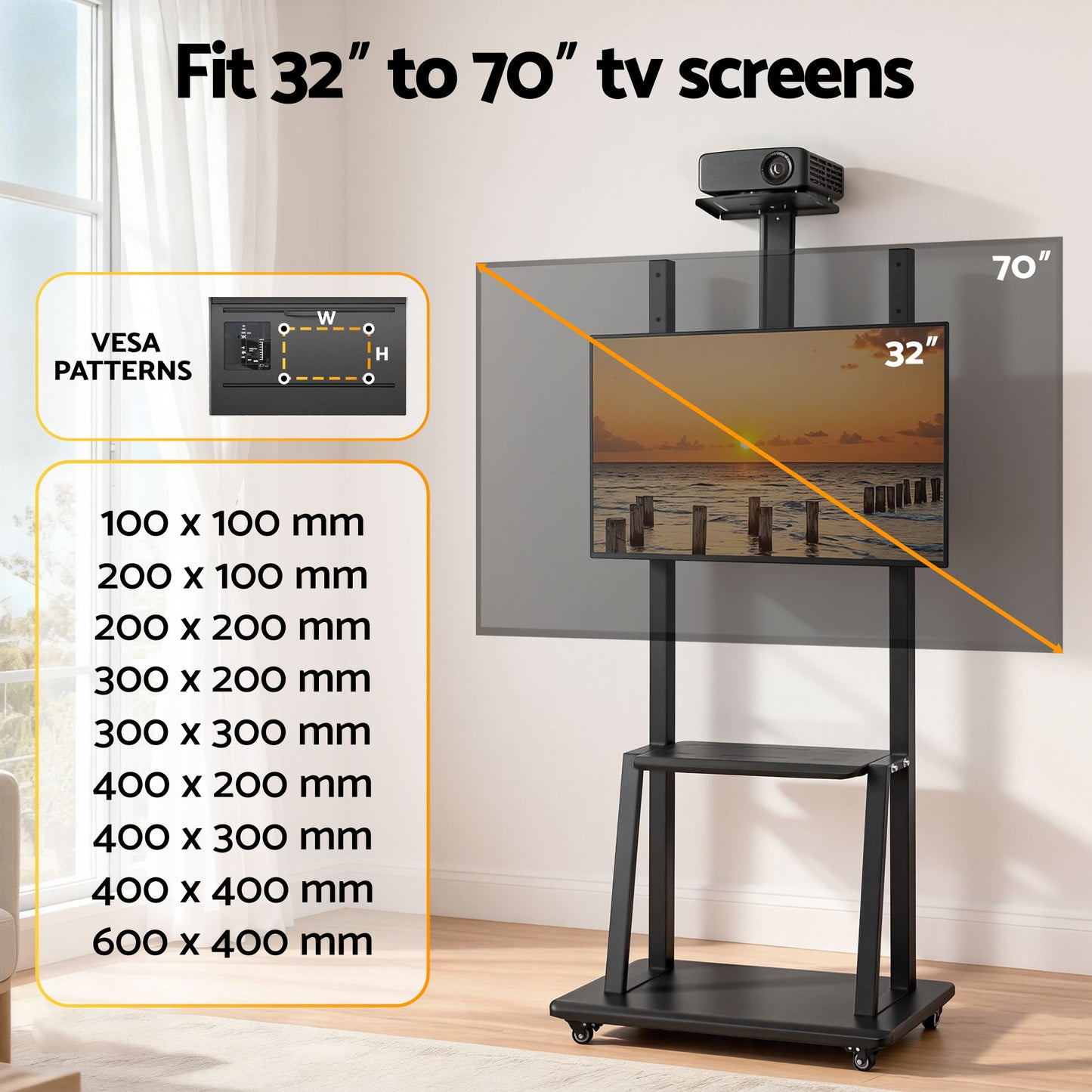 TV Stand 32-70" Universal Mobile Adjustable Height TV Stand with Wheels