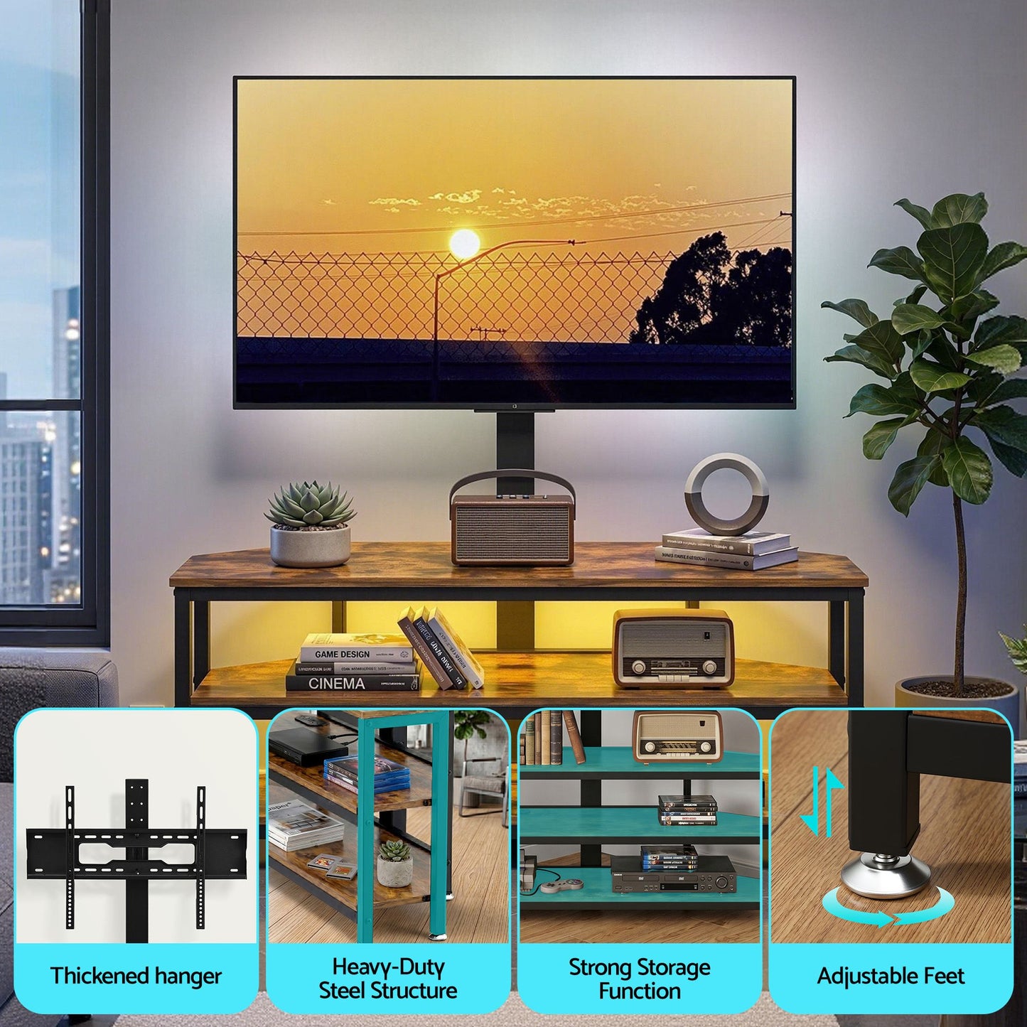 Corner TV Stand 32-70" w/ Mount LED Lights & Power Outlet Space Saving