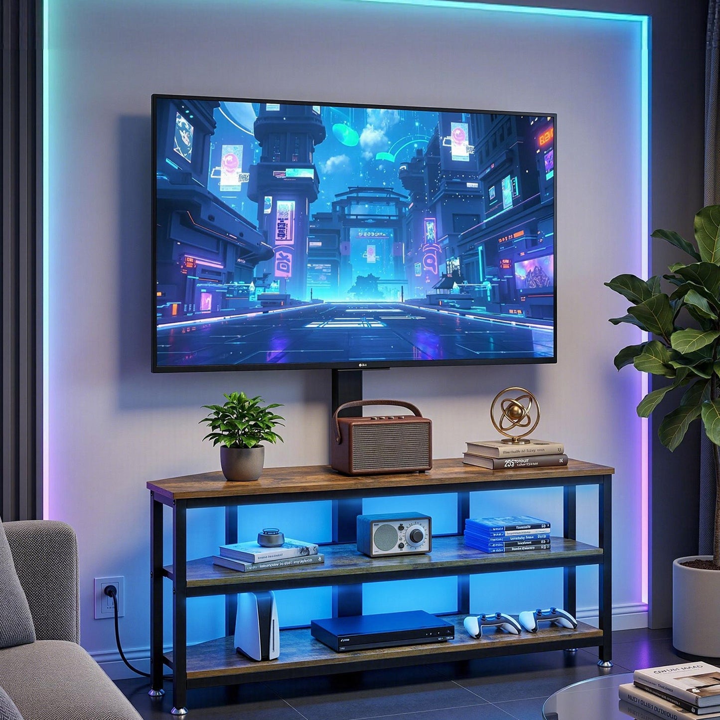 Corner TV Stand 32-70" w/ Mount LED Lights & Power Outlet Space Saving