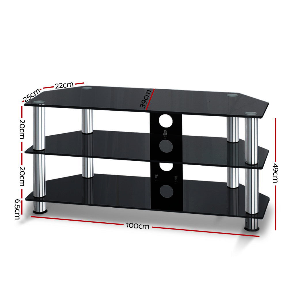 Keld 100cm TV Stand Entertainment Unit Media Cabinet Tempered Glass 3 Tiers - Black