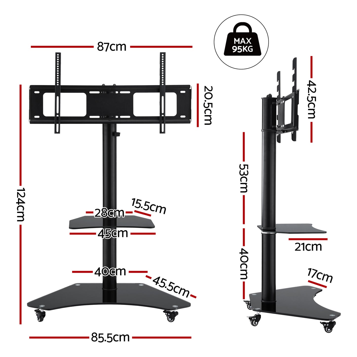 40-100" TV Stand Mount Bracket Universal Adjustable Height with Wheels