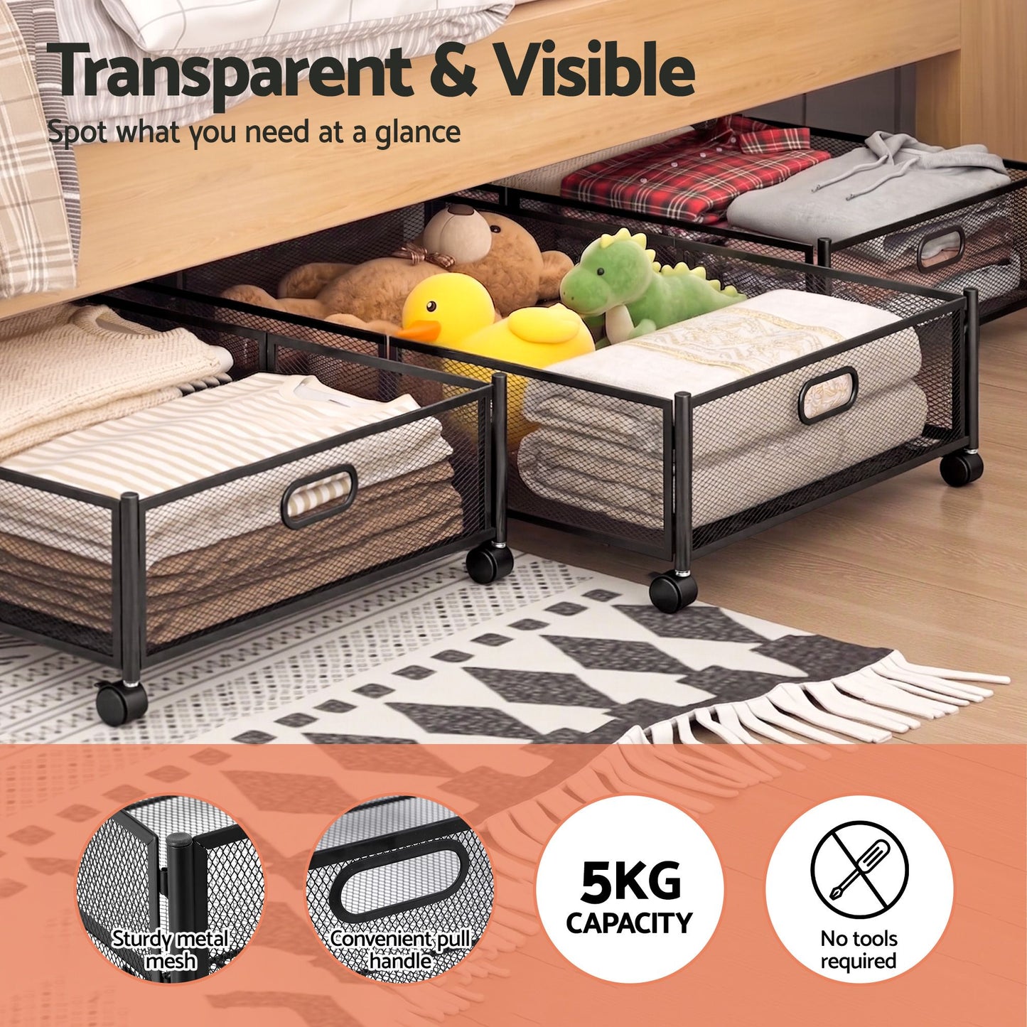Set of 2 Under Bed Storage Containers Metal Boxes Quilt Organiser with Wheels