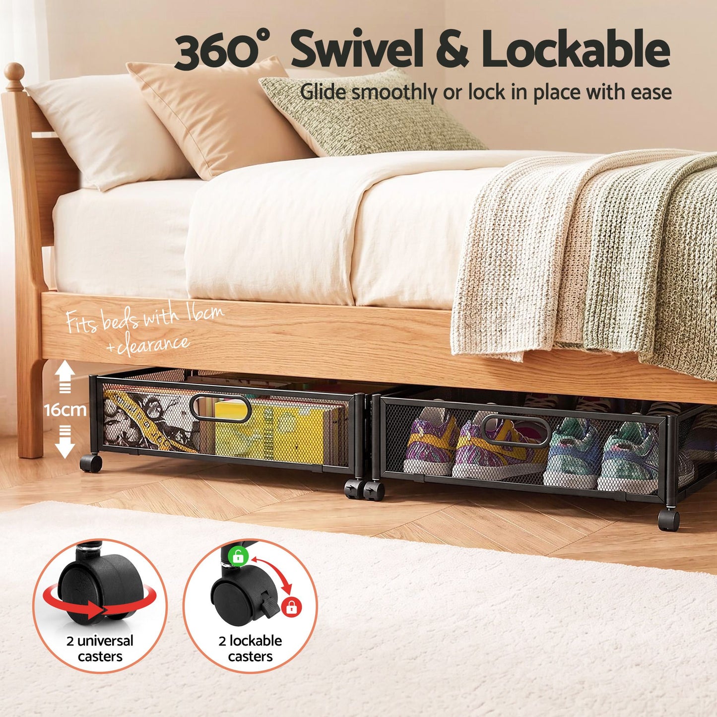 Set of 2 Under Bed Storage Containers Metal Boxes Quilt Organiser with Wheels