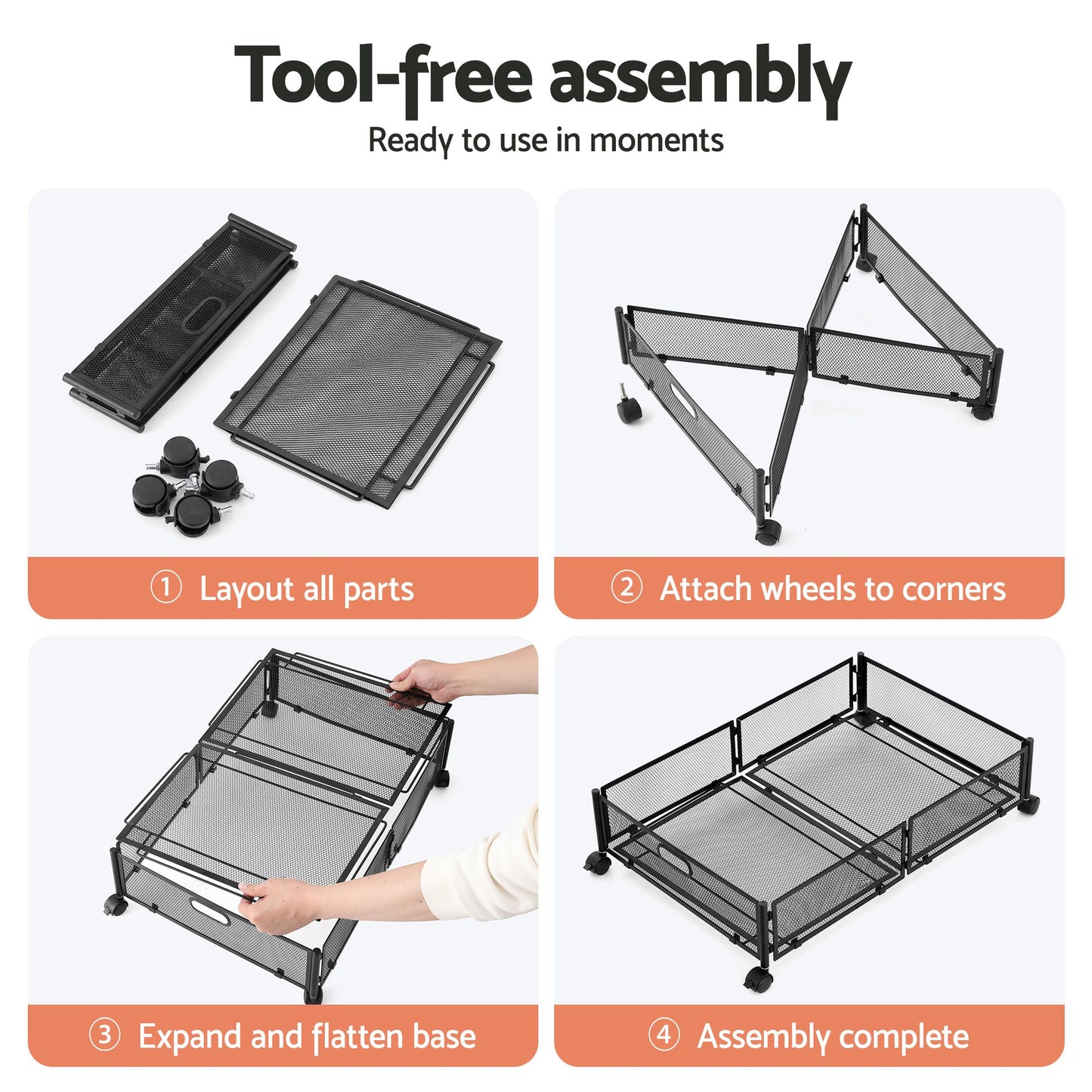 Set of 4 Under Bed Storage Containers Metal Boxes Quilt Organiser with Wheels