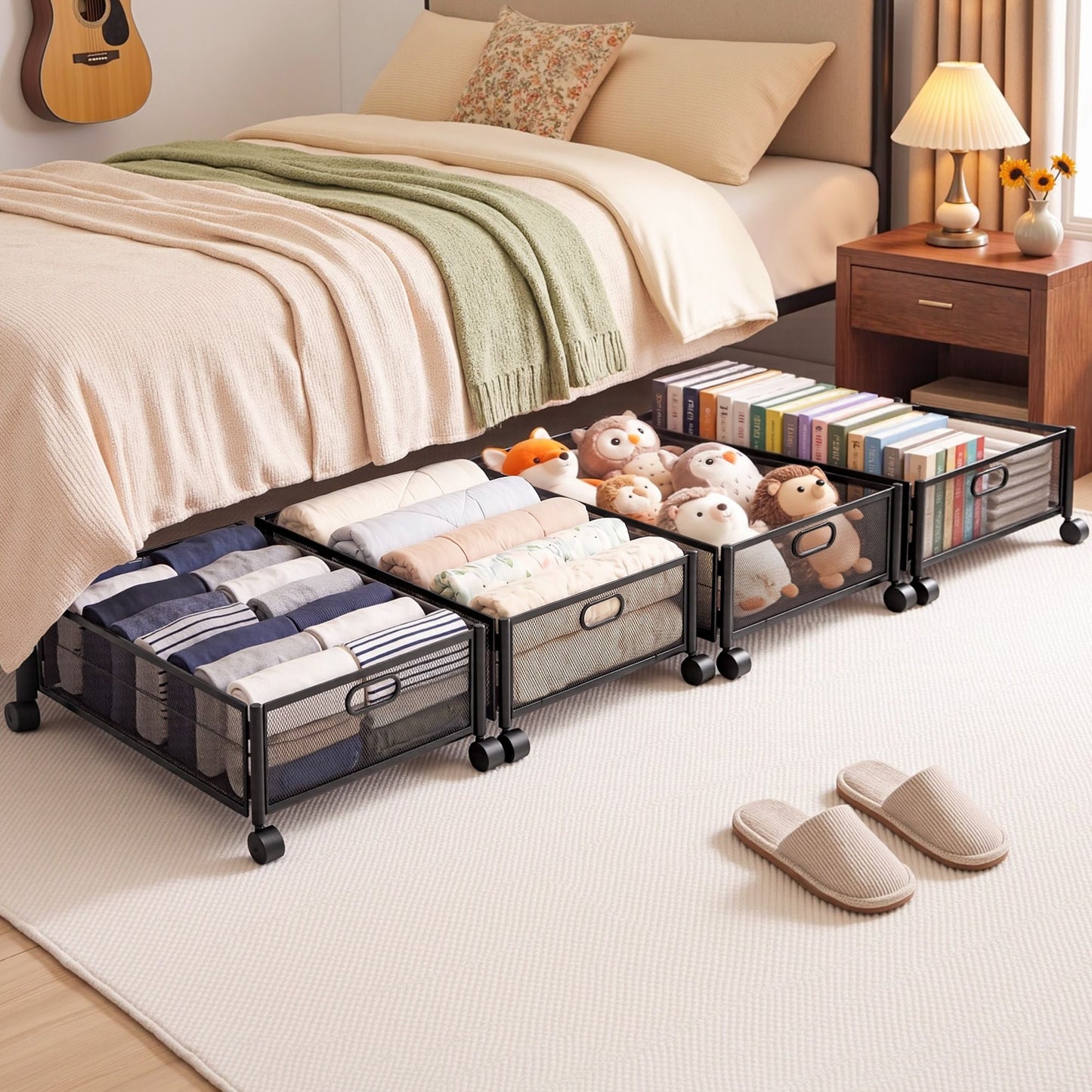 Set of 4 Under Bed Storage Containers Metal Boxes Quilt Organiser with Wheels