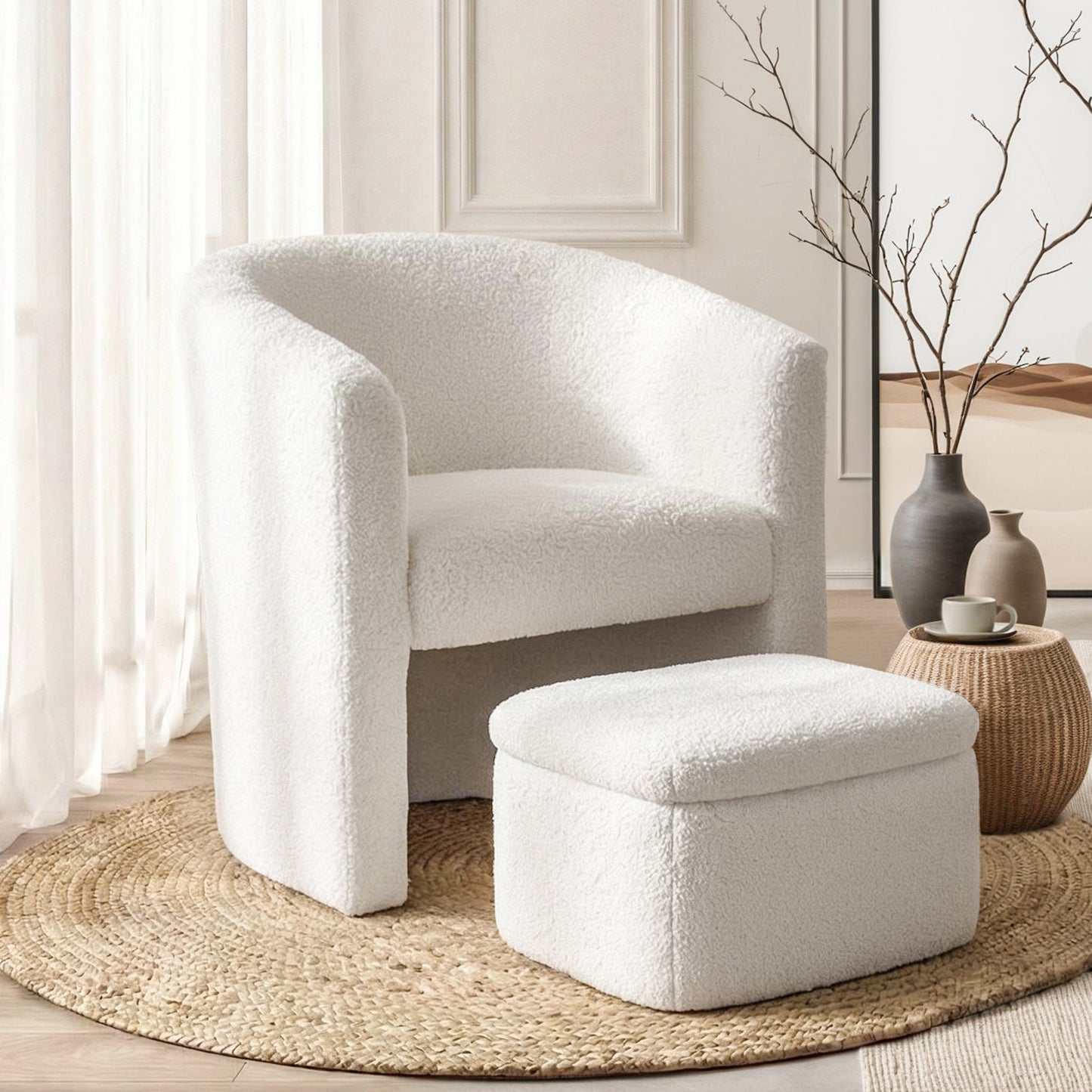 Matisse Armchair Accent Chair with Ottoman Lounge Footrest Storage Boucle - White