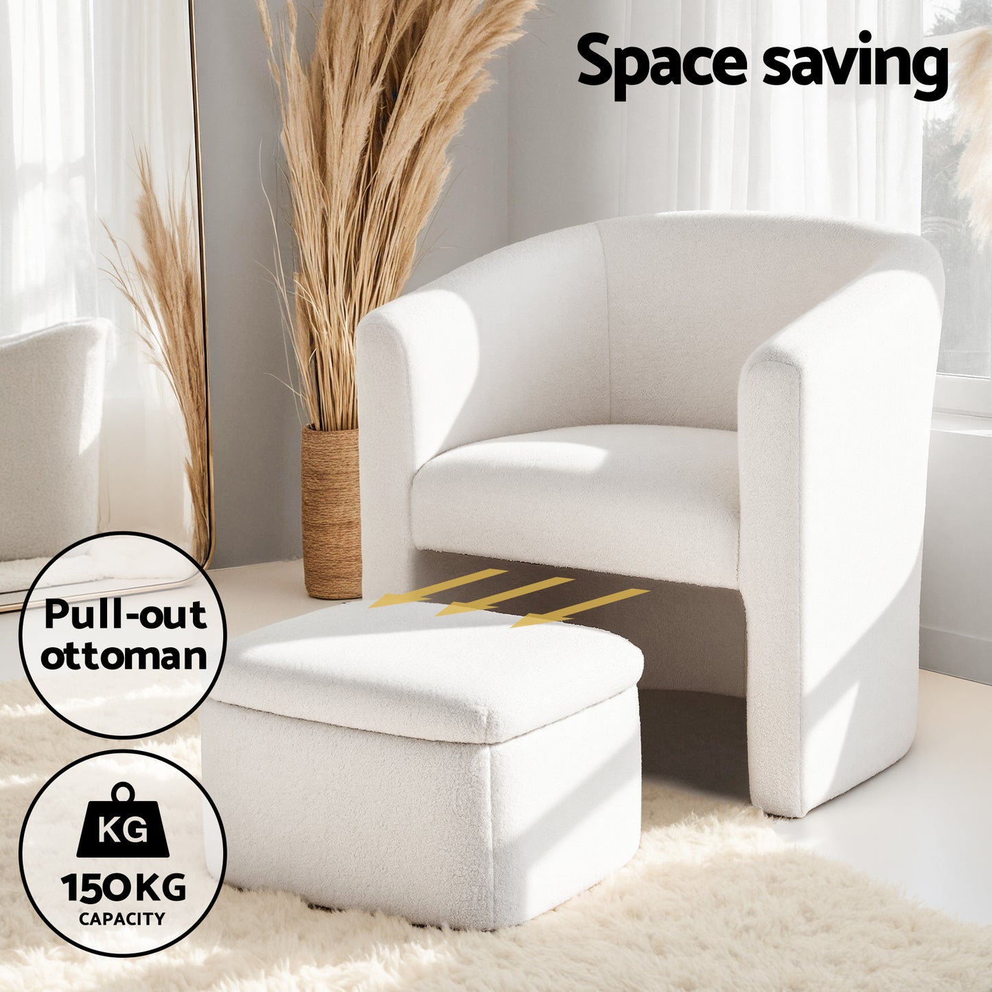 Matisse Armchair Accent Chair with Ottoman Lounge Footrest Storage Boucle - White