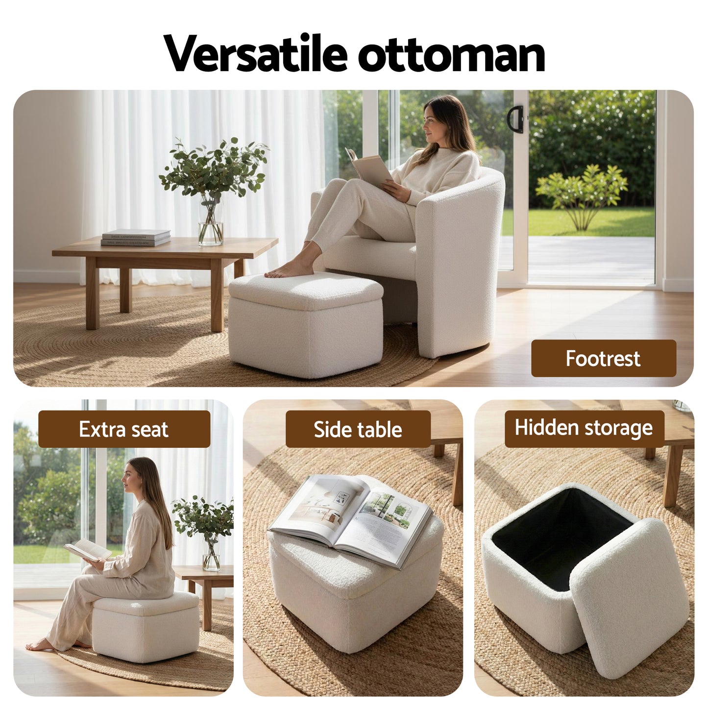 Matisse Armchair Accent Chair with Ottoman Lounge Footrest Storage Boucle - White