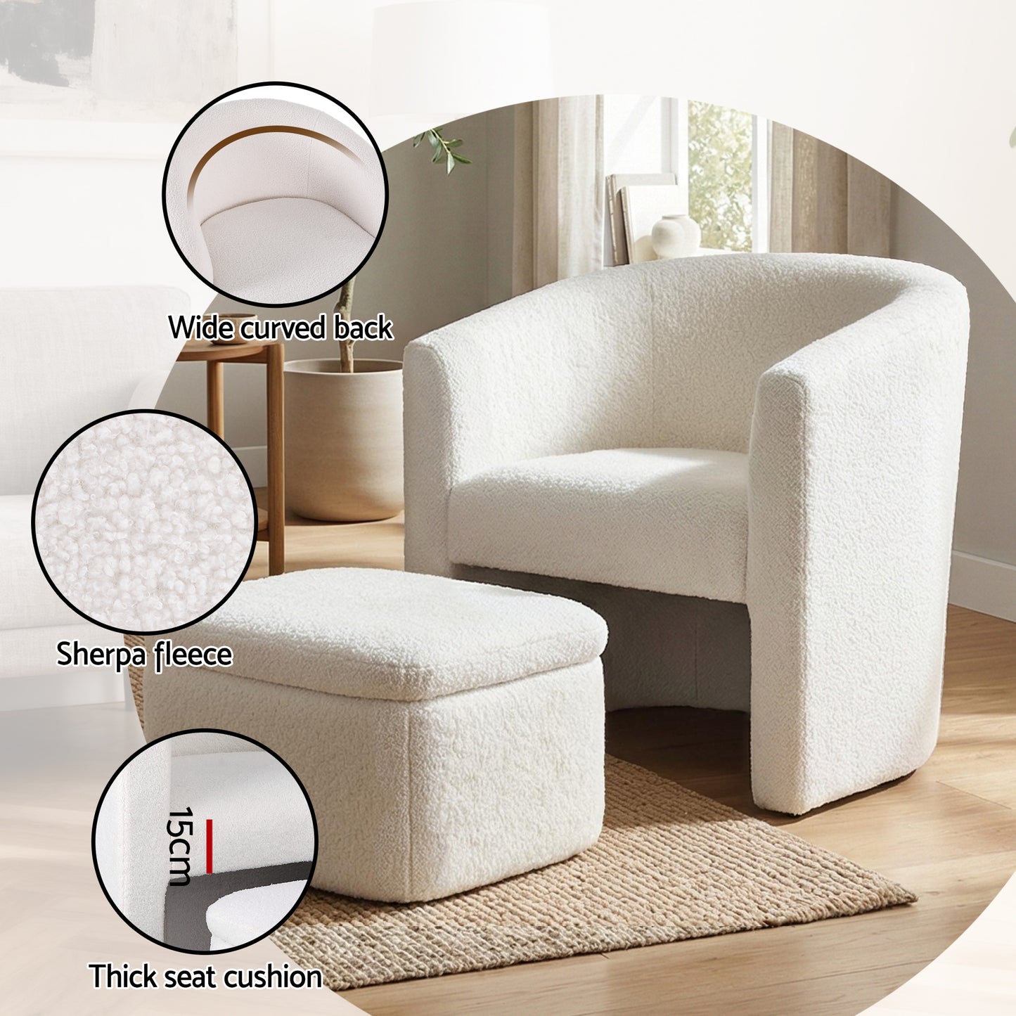 Matisse Armchair Accent Chair with Ottoman Lounge Footrest Storage Boucle - White