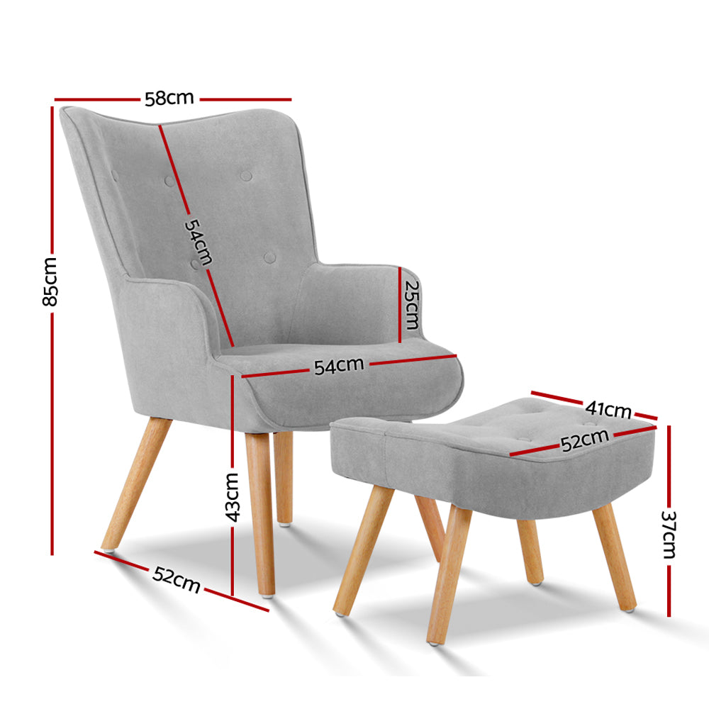 Velvet Armchair and Ottoman - Light Grey