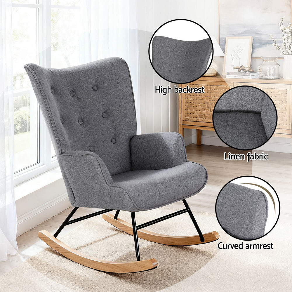 Mieka Rocking Armchair Nursing Chair Linen Fabric - Grey