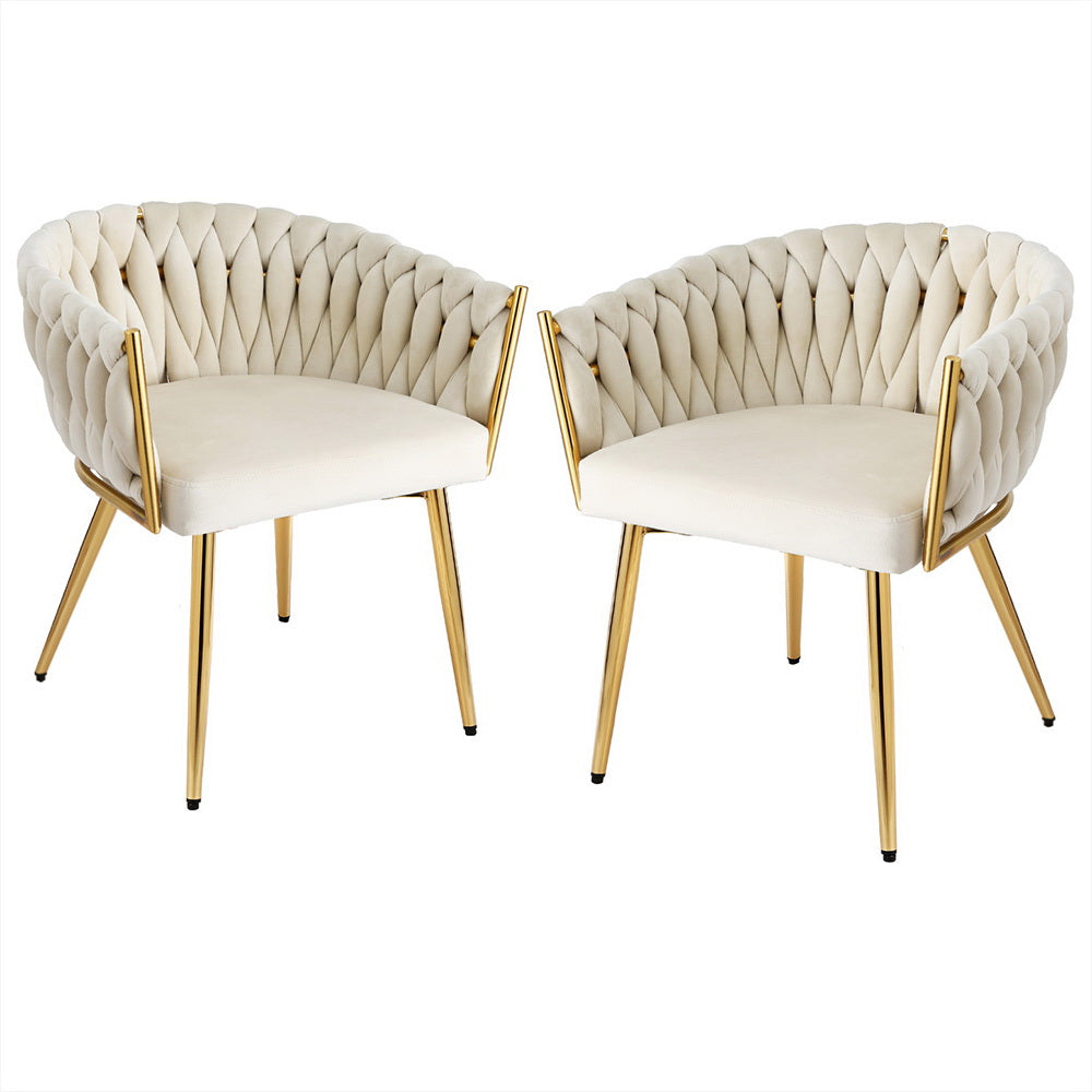 Elodie Set of 2 Dining Chair Velvet Weaving Armchair - Beige