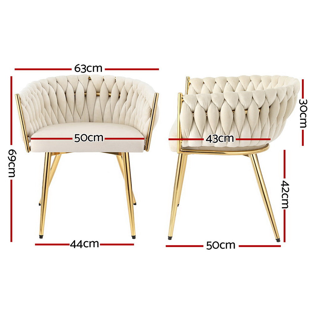 Elodie Set of 2 Dining Chair Velvet Weaving Armchair - Beige