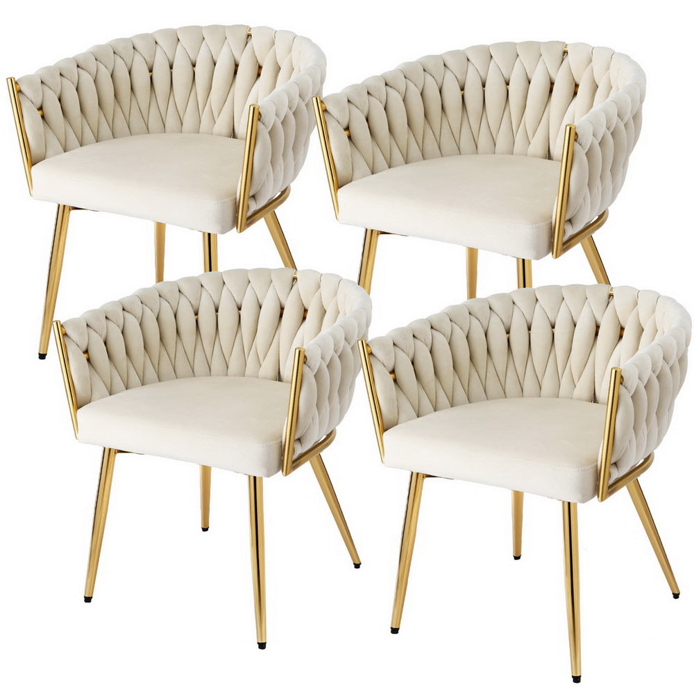 Elodie Set of 4 Dining Chair Velvet Weaving Armchair - Beige