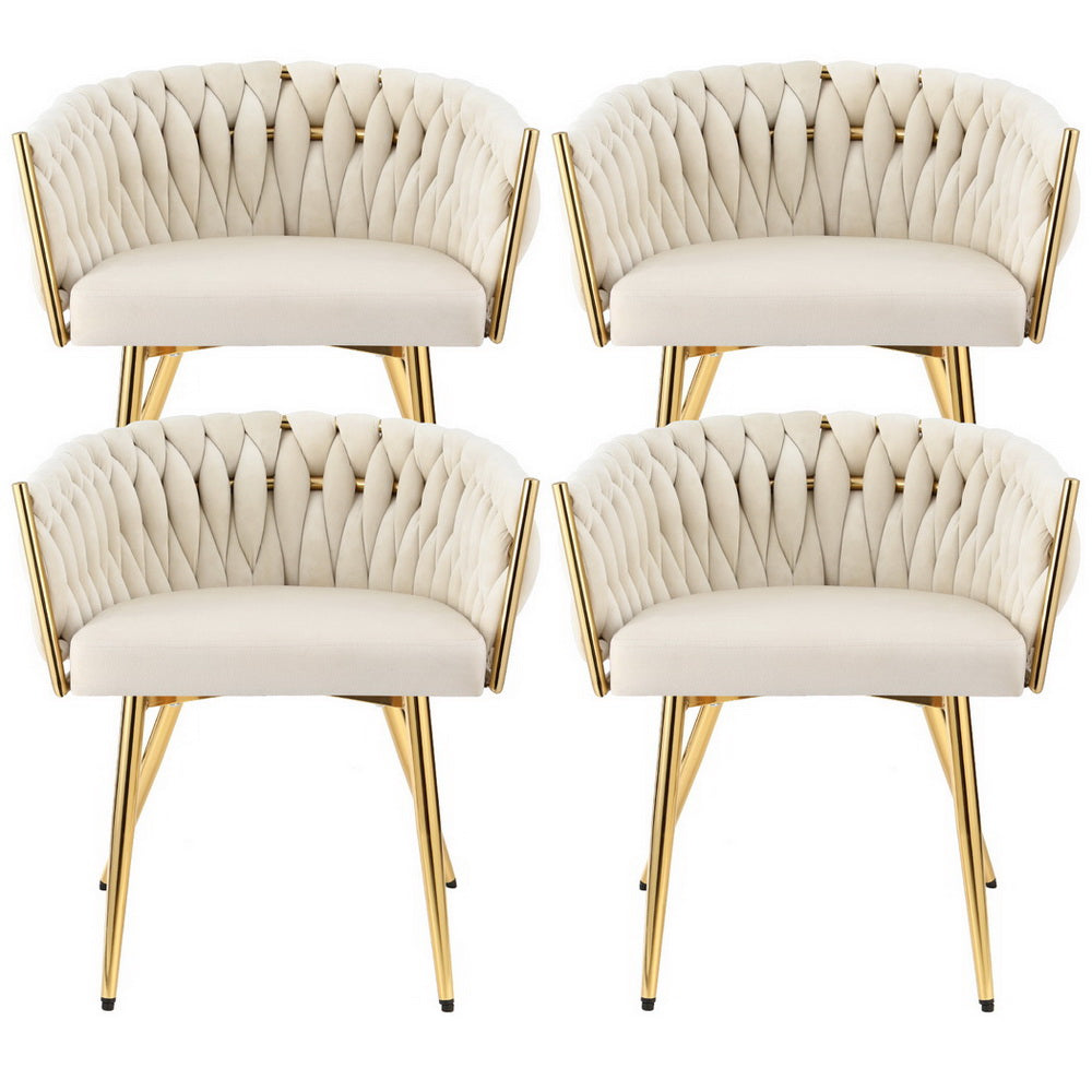 Elodie Set of 4 Dining Chair Velvet Weaving Armchair - Beige