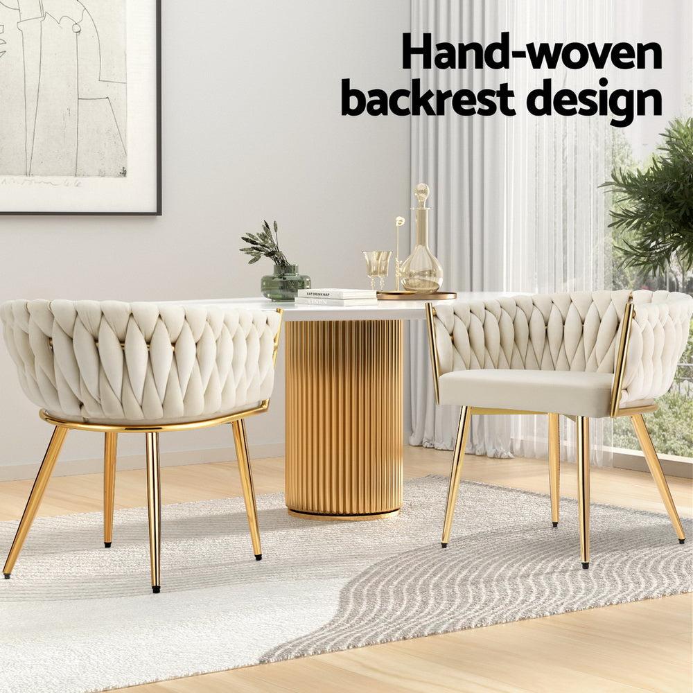 Elodie Set of 4 Dining Chair Velvet Weaving Armchair - Beige