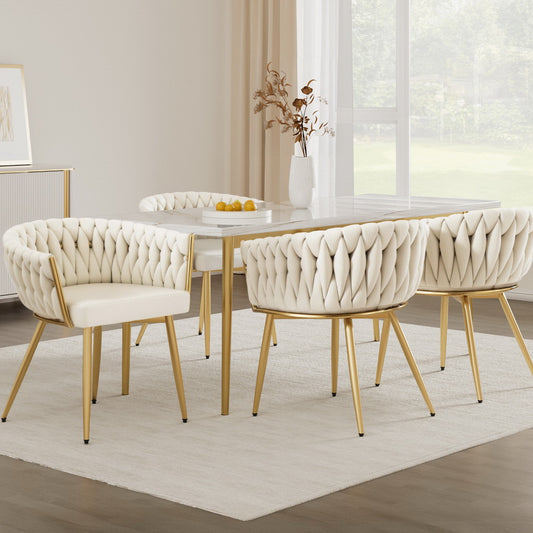 Elodie Set of 4 Dining Chair Velvet Weaving Armchair - Beige
