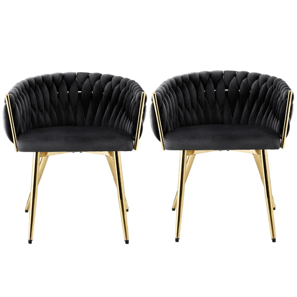 Elodie Set of 2 Dining Chair Velvet Weaving Armchair - Black