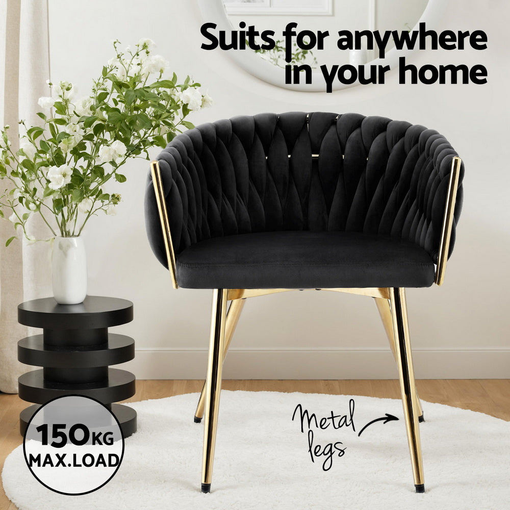 Elodie Set of 2 Dining Chair Velvet Weaving Armchair - Black