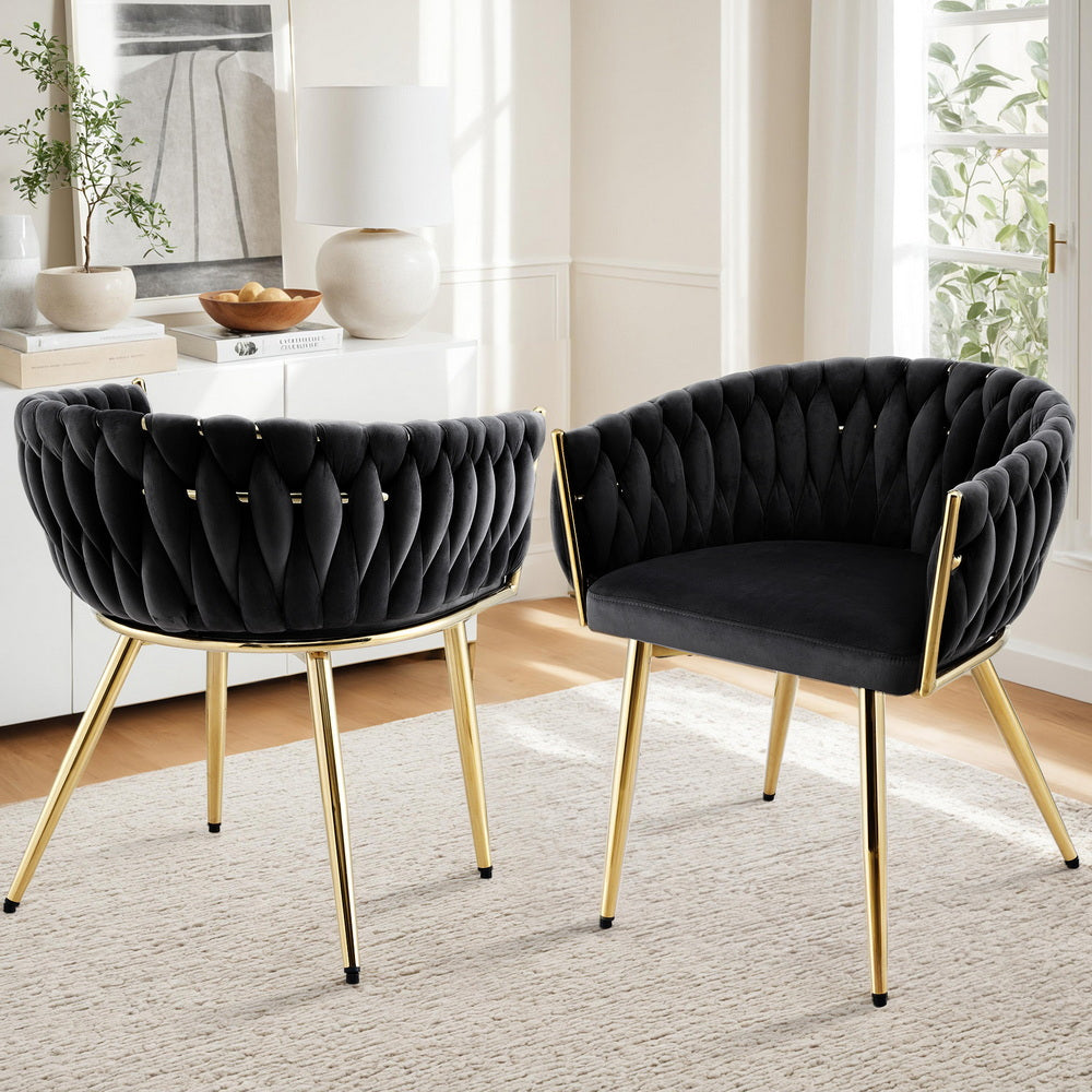 Elodie Set of 2 Dining Chair Velvet Weaving Armchair - Black