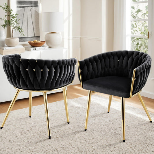 Elodie Set of 2 Dining Chair Velvet Weaving Armchair - Black