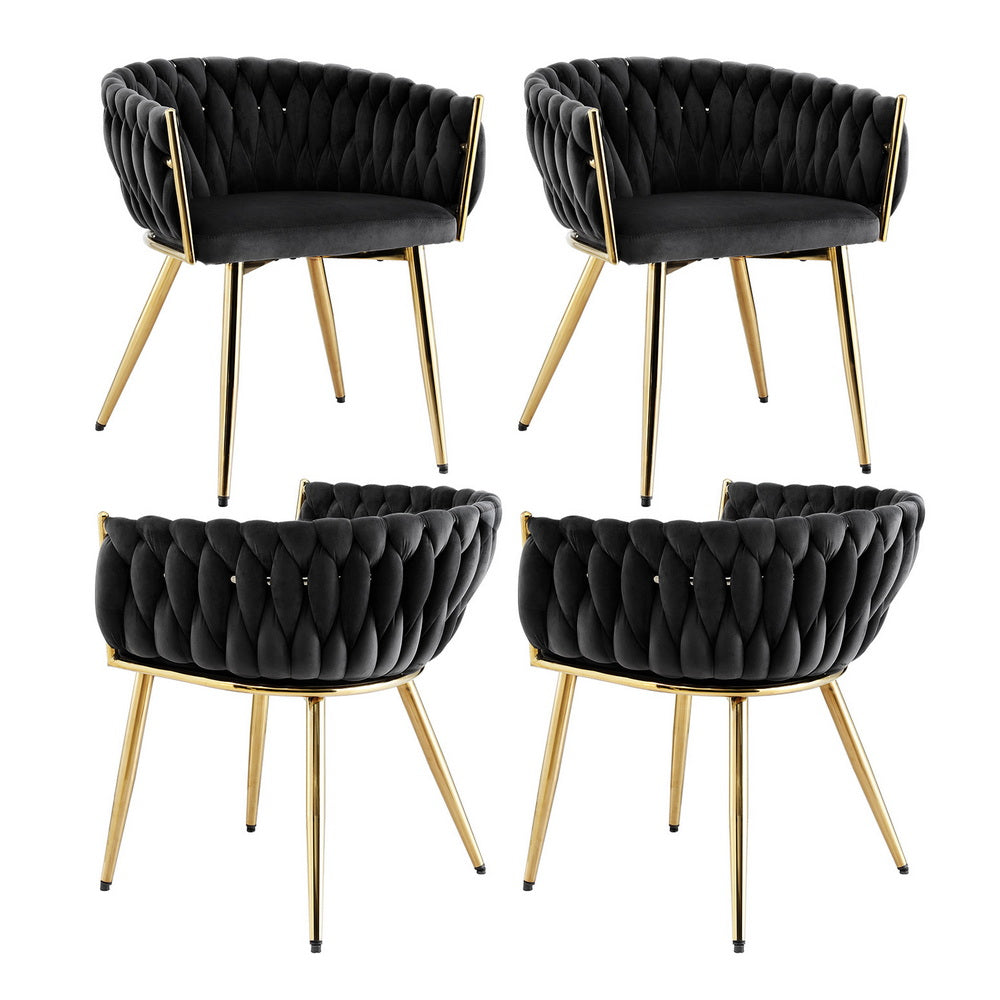 Elodie Set of 4 Dining Chair Velvet Weaving Armchair - Black