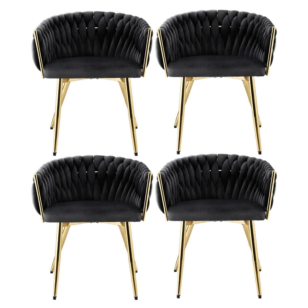 Elodie Set of 4 Dining Chair Velvet Weaving Armchair - Black