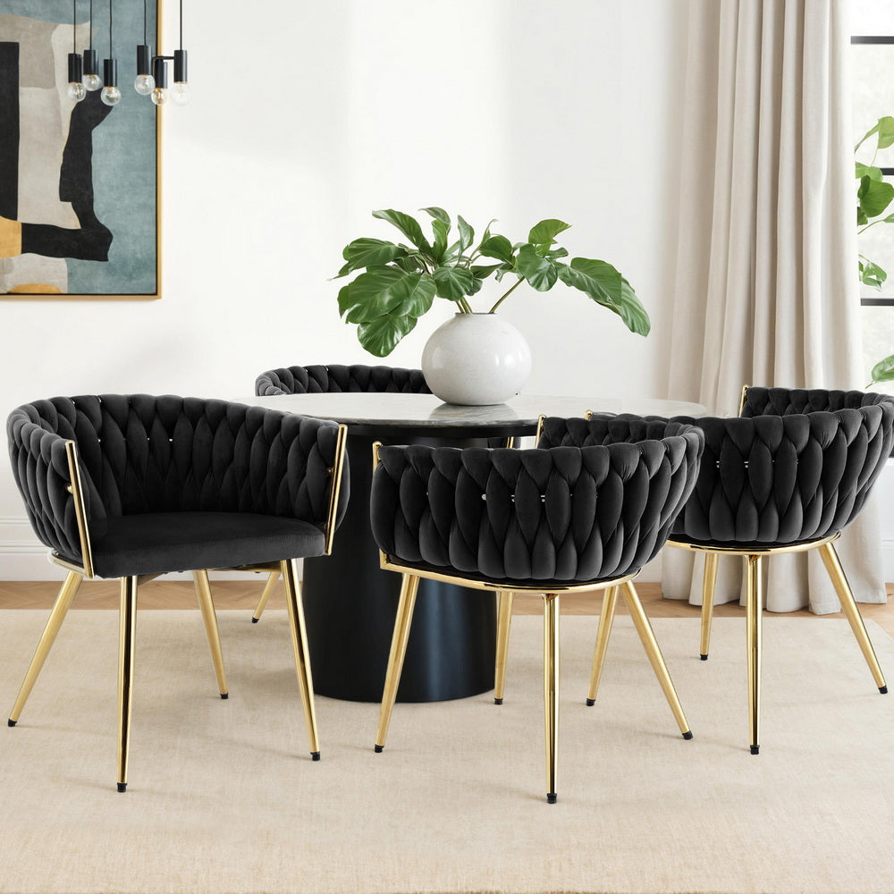 Elodie Set of 4 Dining Chair Velvet Weaving Armchair - Black