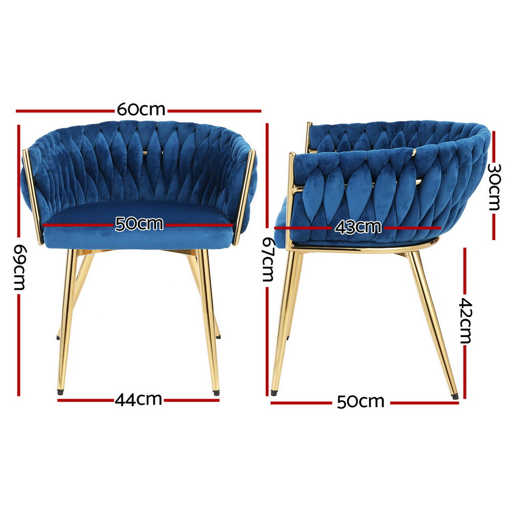 Elodie Set of 2 Dining Chair Velvet Weaving Armchair - Blue