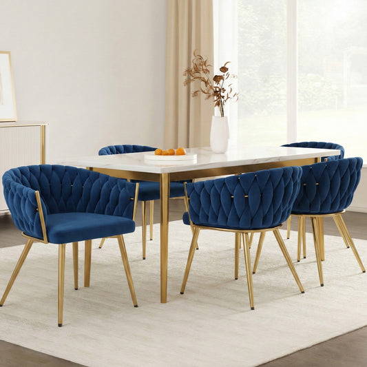 Elodie Set of 4 Dining Chair Velvet Weaving Armchair - Blue