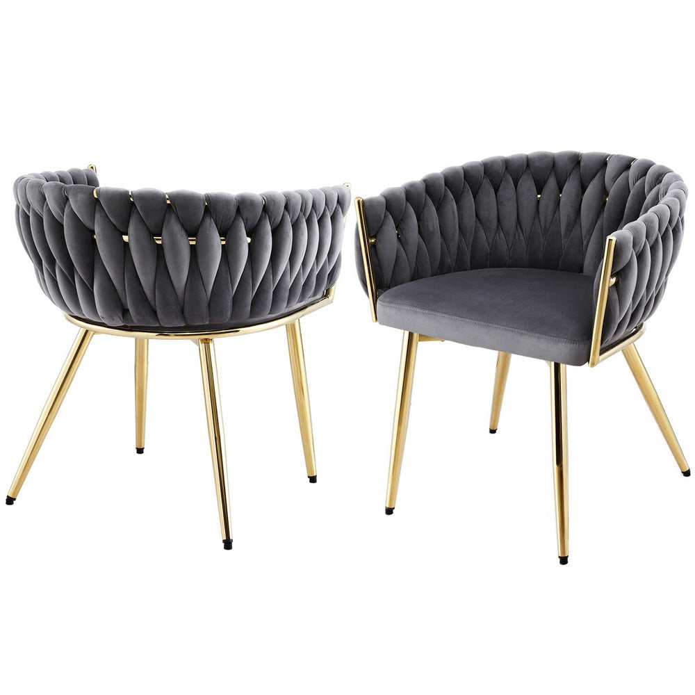 Elodie Set of 2 Dining Chair Velvet Weaving Armchair - Grey
