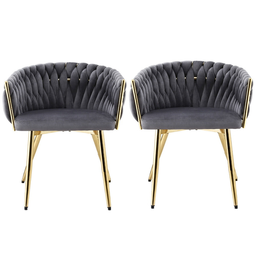 Elodie Set of 2 Dining Chair Velvet Weaving Armchair - Grey