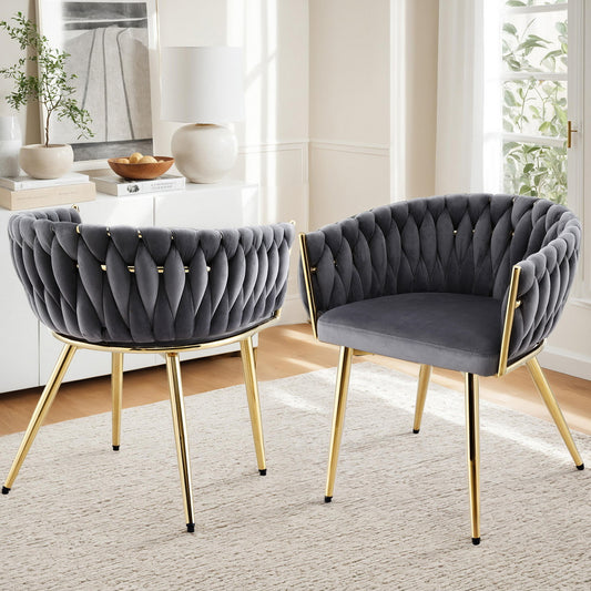 Elodie Set of 2 Dining Chair Velvet Weaving Armchair - Grey