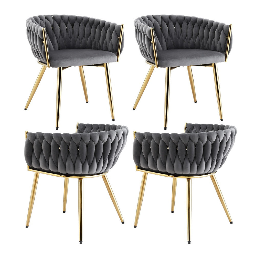 Elodie Set of 4 Dining Chair Velvet Weaving Armchair - Grey
