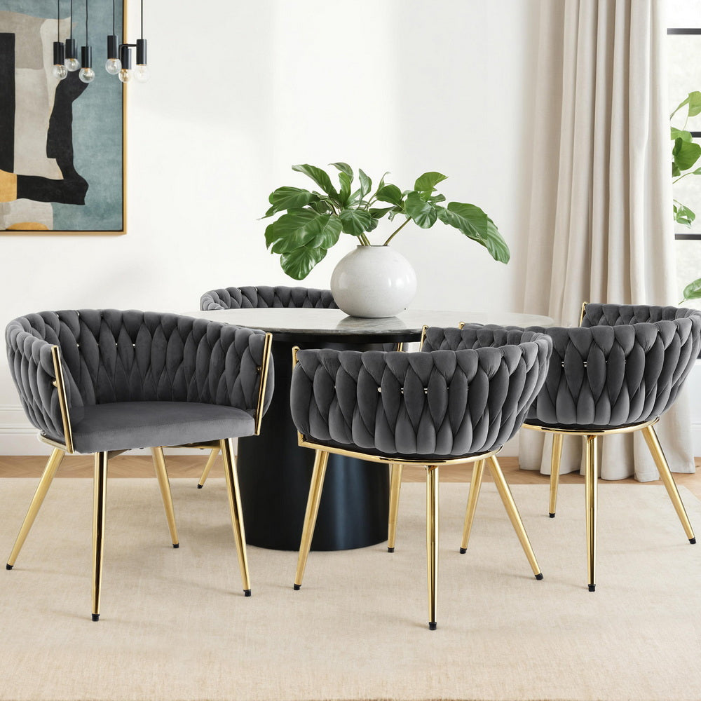 Elodie Set of 4 Dining Chair Velvet Weaving Armchair - Grey