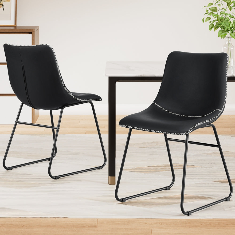 Winifred Set of 2 Dining Chairs Retro PU Leather Kitchen Lounge Cafe Accent Chair - Black